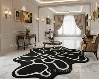 Hand Tufted Wool Rug Black Organic Shape Carpet Modern Abstract Area Rug New Zealand Wool Aesthetic Luxury Decor Custom Sizes Available 8x10
