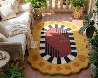 Abstract Oval Wool Rug | Scalloped Geometric Carpet | Modern Mustard Yellow Terracotta Rug | Premium Hand Tufted NZ Wool | Custom Size 6x9