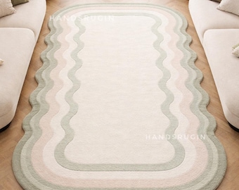 Scalloped Edge Area Rug, Pastel Wavy Border Hand Tufted Wool Rug, Cream Sage Green Pink Danish Pastel Decor, Nursery Bedroom 8x10, Custom
