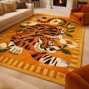 Hand-Tufted Wool Tiger Rug: Modern Floral Jungle Art, 9x12 ft image 7