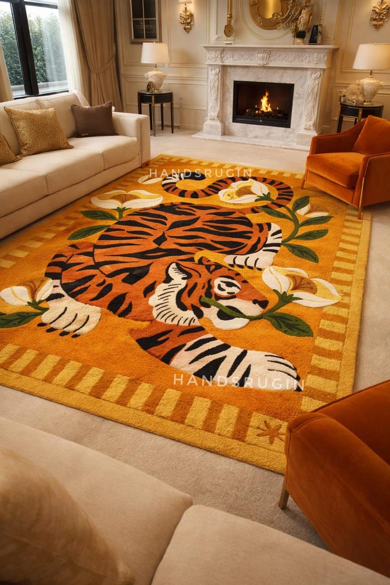 Hand-Tufted Wool Tiger Rug: Modern Floral Jungle Art, 9x12 ft image 7