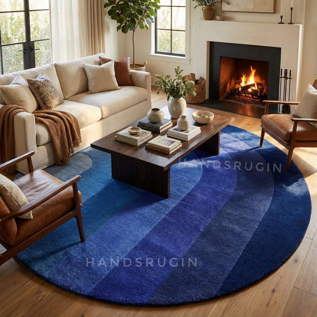 Hand Tufted Blue Round Rug Gradient Wool Carpet Modern Minimal Circle ...