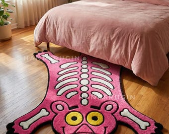 Handgetuft wollen vloerkleed | Pink Panther-skelet, Y2K-decor