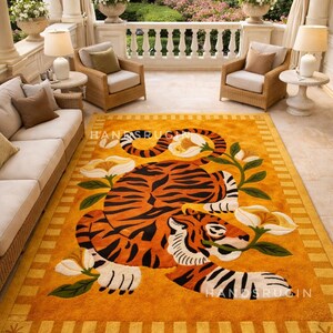 Hand-Tufted Wool Tiger Rug: Modern Floral Jungle Art, 9x12 ft image 9