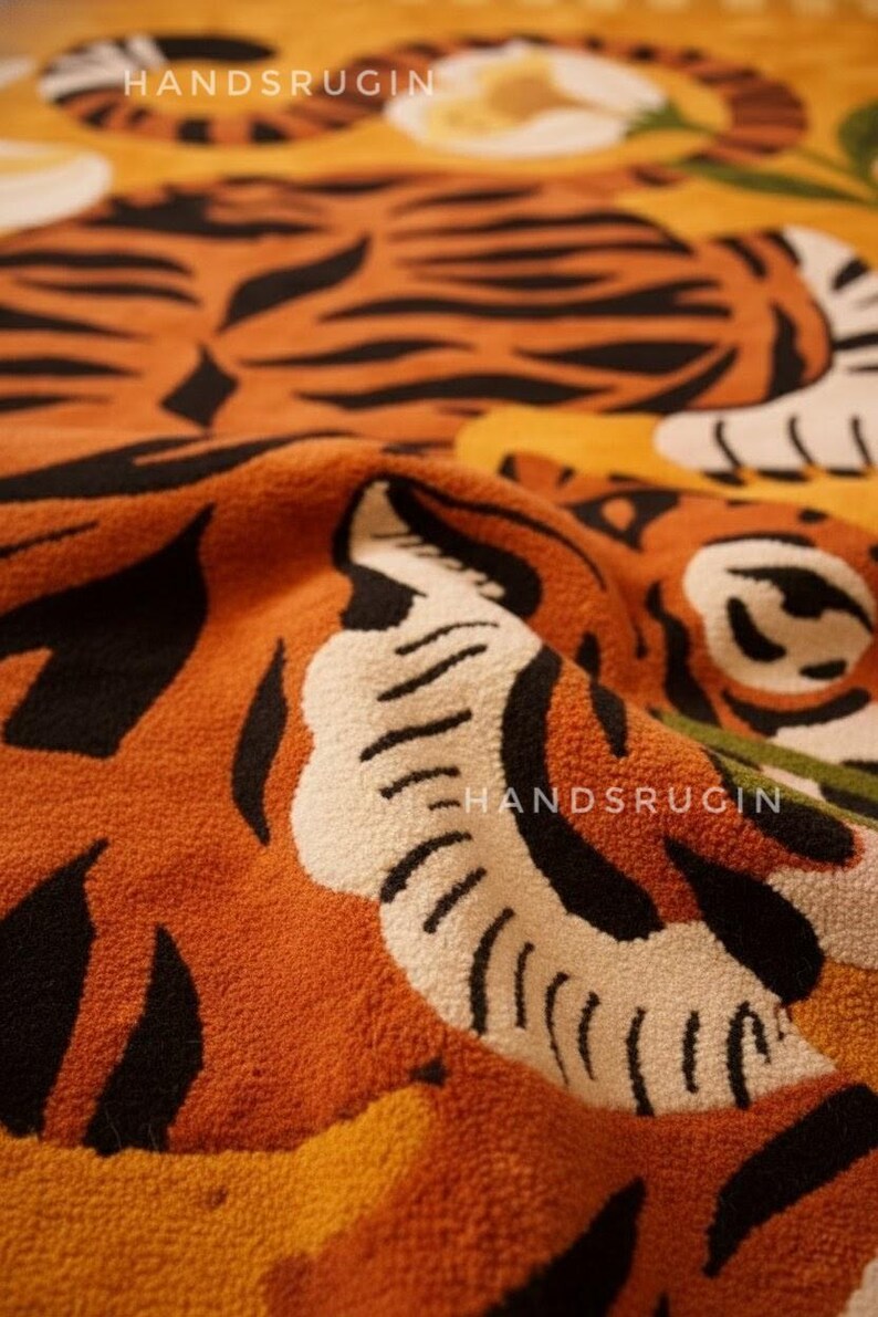 Hand-Tufted Wool Tiger Rug: Modern Floral Jungle Art, 9x12 ft image 2