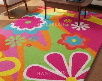 Colorful Retro Floral Rug, Dopamine Decor Tufted Wool Rug, 70s Groovy Flower Area Rug, Vibrant Pink Green Maximalist Living Room Statement