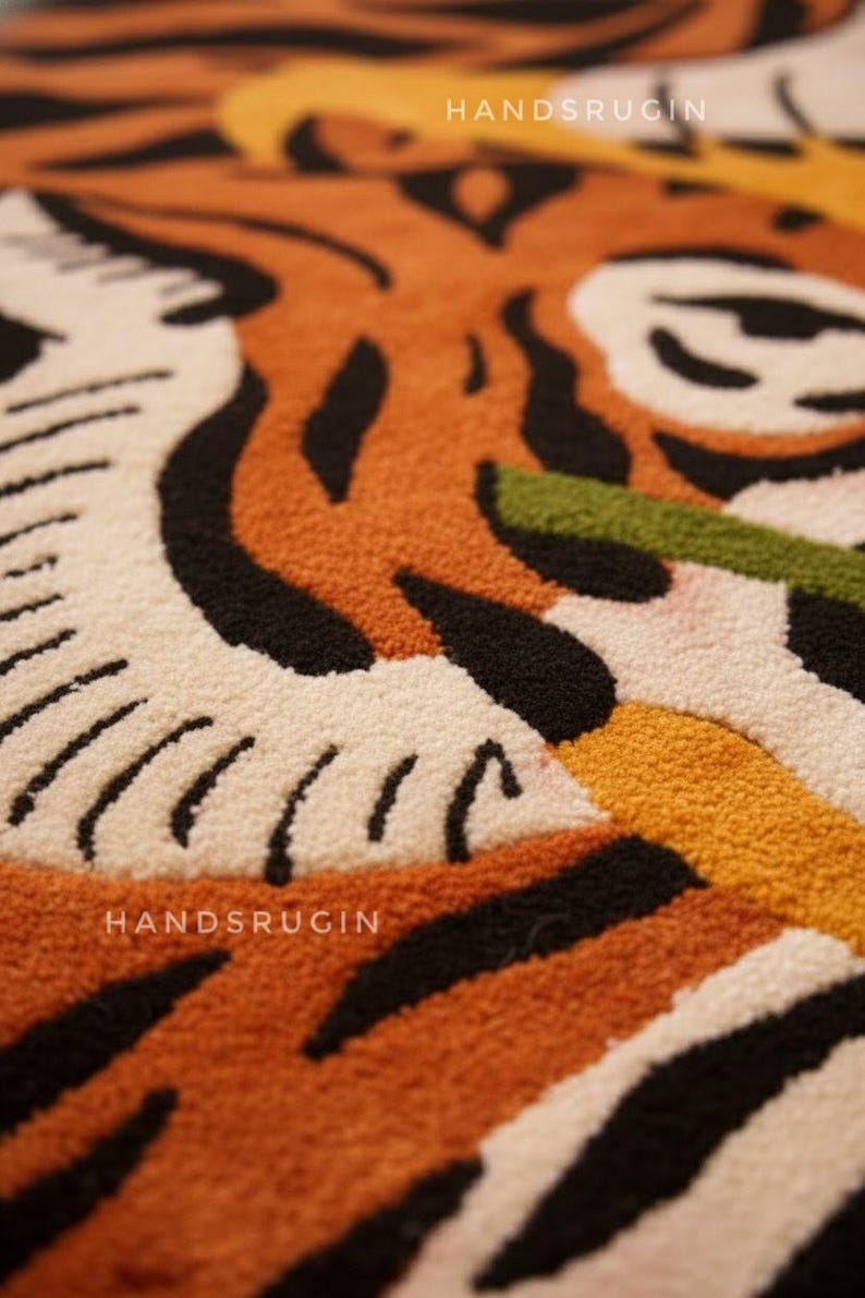 Hand-Tufted Wool Tiger Rug: Modern Floral Jungle Art, 9x12 ft image 4