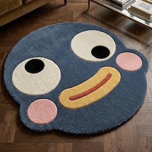 Alfombra con mechones de personajes adorables, alfombra azul de forma irregular, decoración infantil de lana premium, alfombra 3D de arte pop tallada a mano, alfombra divertida personalizada para la habitación.