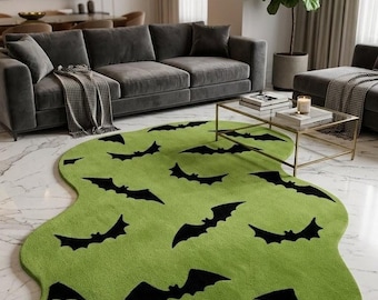 Hand Tufted Wool Rug Green Bat Pattern Irregular Shape Modern Halloween Rug Luxury Living Room Statement Custom size 5x8 6x9 9x12 10x14