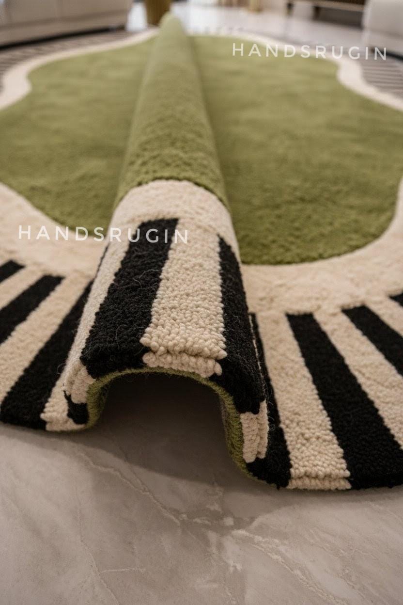 Organic Green Rug Organic Wavy Area Rug Olive Green Black Striped Border New Zealand Wool ...