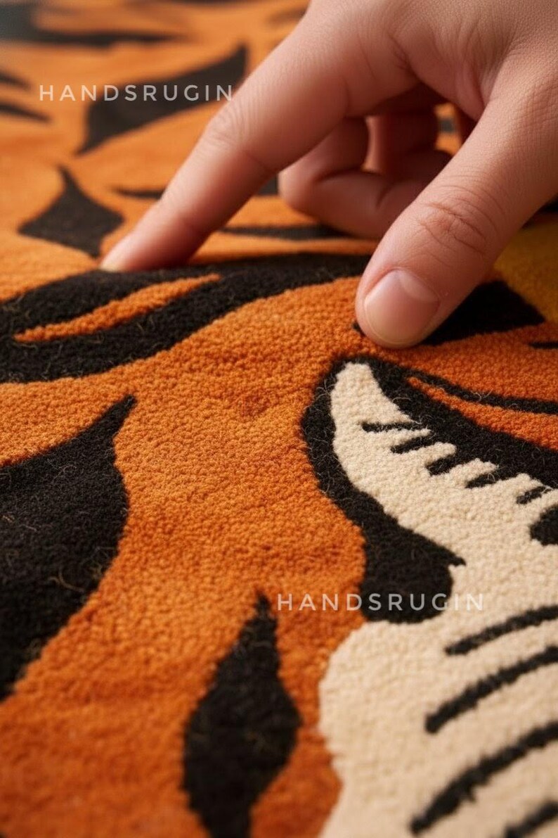 Hand-Tufted Wool Tiger Rug: Modern Floral Jungle Art, 9x12 ft image 3