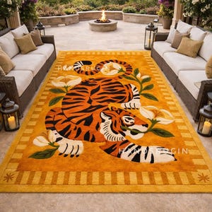Hand-Tufted Wool Tiger Rug: Modern Floral Jungle Art, 9x12 ft image 8