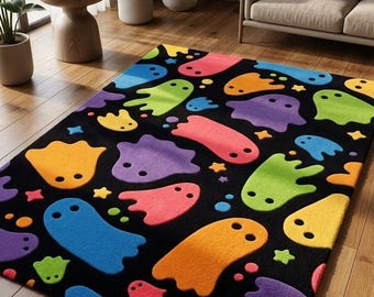 Handmade Ghost Rug - Colorful Spooky Tufted Area Rug for Modern Living Room, Premium New Zealand Wool Nursery Decor, Funky Aesthetic Carpet