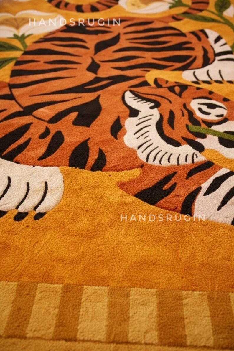 Hand-Tufted Wool Tiger Rug: Modern Floral Jungle Art, 9x12 ft image 5