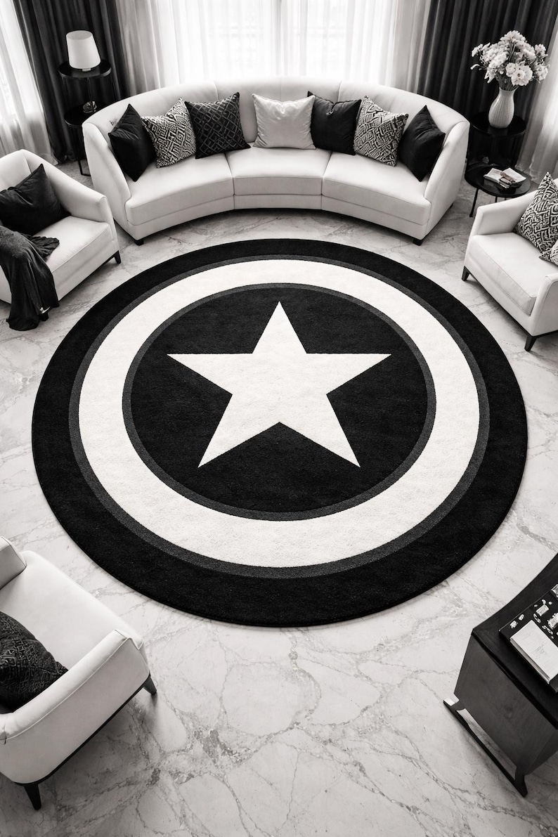 Captain America Inspired Round Rug, Black and White Star Shield Carpet ...