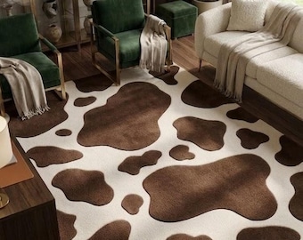Bruin tapijt met koeienprint, 3D-handgetuft tapijt van Nieuw-Zeelandse wol, modern tapijt met dierenprint voor woonkamer, groot esthetisch kinderkamertapijt, 8 x 10