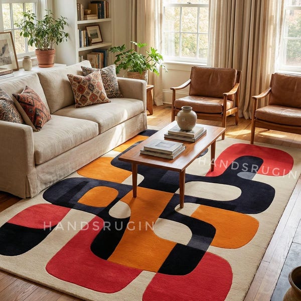 Alfombra moderna abstracta de lana tejida a mano, alfombra de lujo a medida, alfombra geométrica roja y negra para sala de estar, decoración minimalista 5x8 8x10 9x12