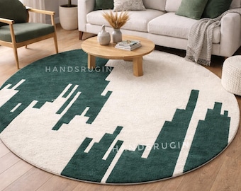 Modern Forest Green Round Rug, Abstract Geometric Wool Carpet, Hand Tufted Cream Area Rug for Living Room, Large Circular Rug, Designer Rug