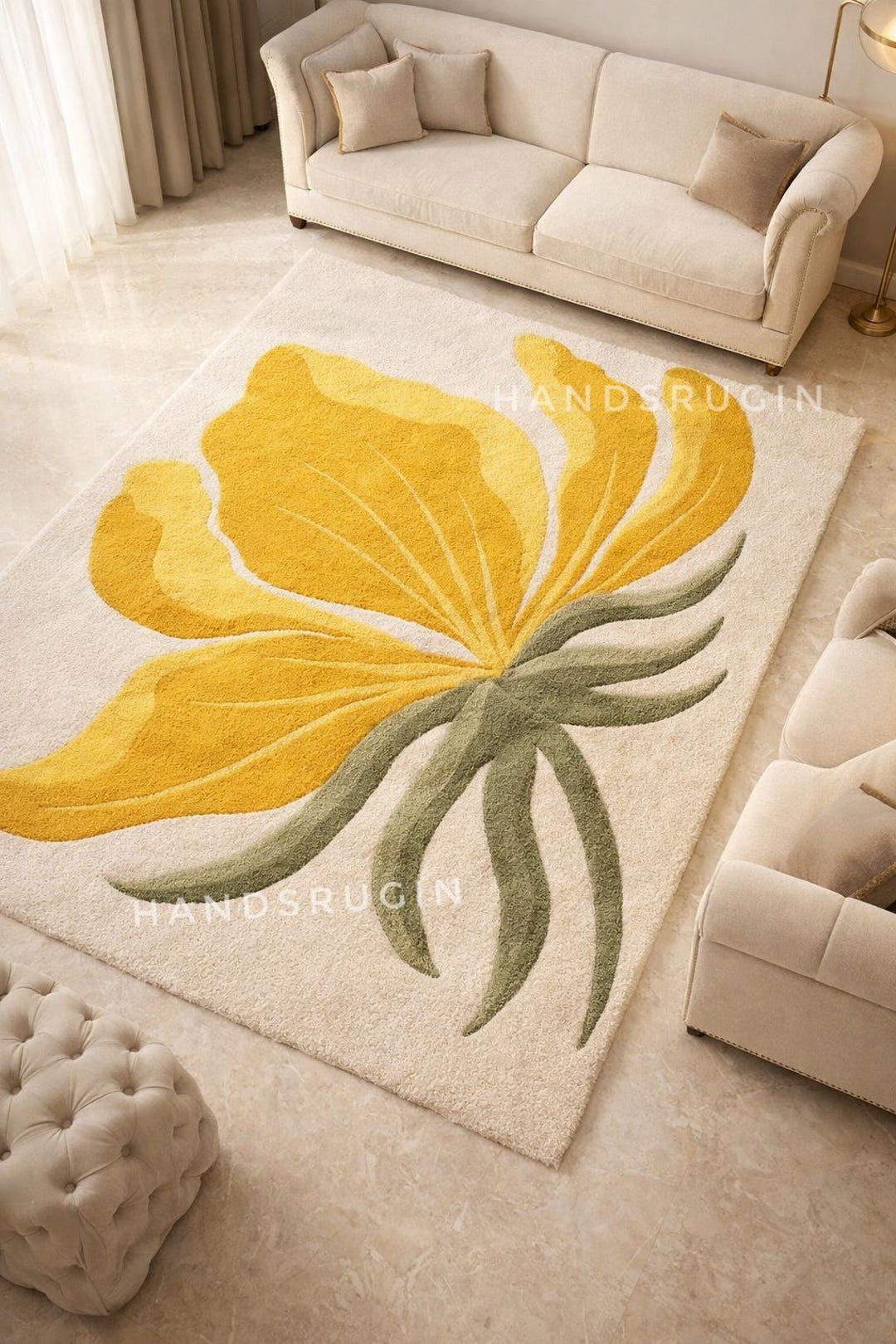 Hand Tufted Yellow Flower Rug Floral Wool Carpet Minimalist Beige Base ...