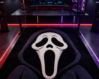 Ghost Face Rug, Black White Horror Tufted Carpet, Gaming Room Area Rug, Dark Aesthetic Halloween Decor Rug 5x7 8x10 Handmade Wool Accent Rug