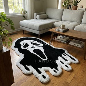 Handmade Ghost Face tufted rug in black and white, horror inspired Scream area rug for aesthetic bedroom, gaming room and modern living room decor