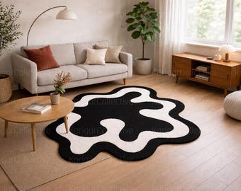 Abstract Area Rug | Black & White Irregular Shape, Handmade Carpet