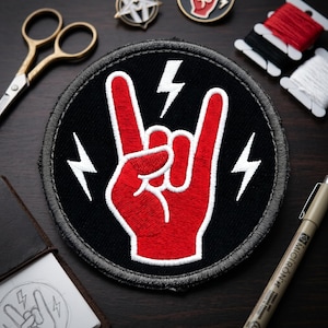 Rock Hand Embroidered Patch, Devil Horns Iron On Patch, Lightning Bolt Badge, Punk Rock Patch, Music Symbol Applique