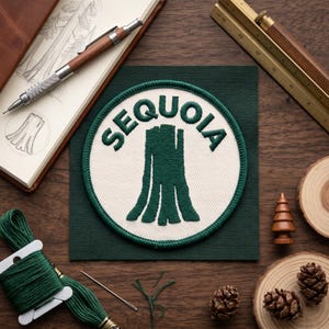 May include: A circular patch with the word "SEQUOIA" in green lettering, featuring a green tree trunk design on a white background. The patch is on a dark green square, surrounded by craft supplies, including thread, a pencil, and a notebook.