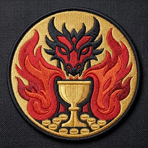 May include: Embroidered patch featuring a red and black dragon with flames, a golden chalice, and gold coins. The dragon is centered on a gold background, surrounded by a black border. The patch is circular.