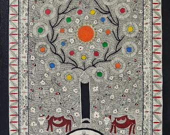 May include: Hand-painted artwork featuring a tree with colorful circular blossoms and a bright orange sun. Two red cows are at the base of the tree. The artwork has a detailed border with birds and floral patterns.