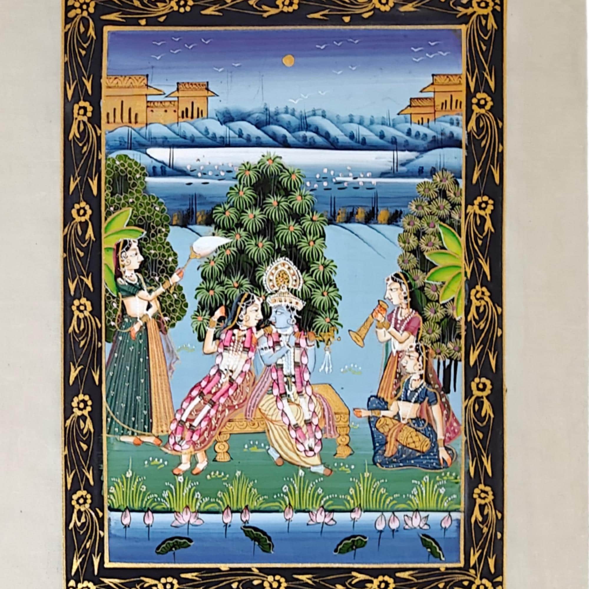 Authentic Hand-Painted Rajasthani Miniature on Pure 40 Gms Silk Krishna Radha Kishangarh Style