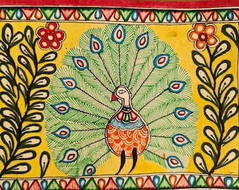 May include: Hand-painted artwork featuring a peacock with a fanned tail, rendered in vibrant colors. The peacock is set against a yellow background, framed by floral and leaf motifs. The artwork is bordered with a red and patterned edge.