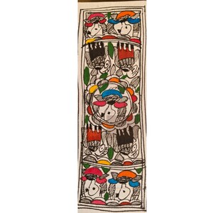 May include: A hand-painted textile with a repeating pattern of stylized figures and floral elements. The artwork uses black outlines with accents of red, orange, blue, and green on a cream background. The design is symmetrical and detailed.