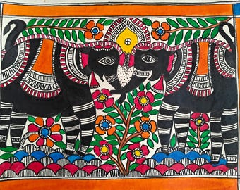 May include: A vibrant painting featuring two black elephants facing each other, adorned with intricate patterns in white, red, and orange. The artwork includes colorful floral elements and a decorative border, creating a lively and detailed composition.