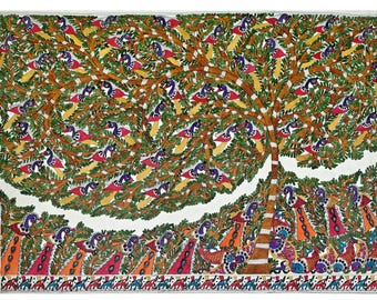 Hand Painted Madhubani Tree of Life | Large Indian Folk Art Painting