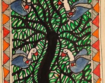 Hand Painted Madhubani Tree of Life with Birds Artwork on Handmade Paper