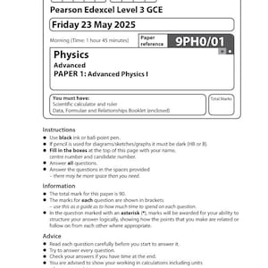 2025 Pearson Edexcel A-nivå fysikprov 1 och betygsschema kombinerat 9ph0 01