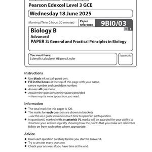 May include: A Pearson Edexcel Level 3 GCE Biology B exam paper. The paper is for the Advanced PAPER 3: General and Practical Principles in Biology. The exam date is Wednesday, June 18, 2025. Instructions and information are included.