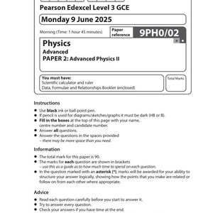 2025 Pearson Edexcel A-nivå fysikprov 2 och betygsschema kombinerat 9ph0 02