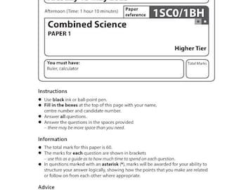2025 Pearson Edexcel Gcse Combined Science Biology Paper 1 and Mark Scheme 1sc0 1bh