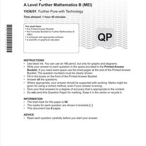 Könnte beinhalten: Ein gedrucktes Prüfungsdokument von OCR für A Level Further Mathematics B (MEI), datiert vom 23. Juni 2025. Das Dokument enthält Anweisungen, Informationen und Ratschläge für die Prüfung. Die Gesamtpunktzahl beträgt 60, und das Dokument hat 8 Seiten.