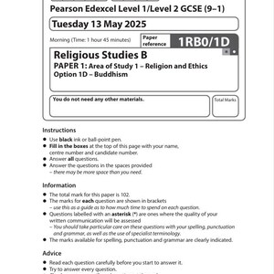 Pode incluir: Um exame Pearson Edexcel Nível 1/Nível 2 GCSE (9-1) para Estudos Religiosos B, com a Opção 1D - Budismo. O exame é na terça-feira, 13 de maio de 2025, com duração de 1 hora e 45 minutos. Inclui instruções e informações.