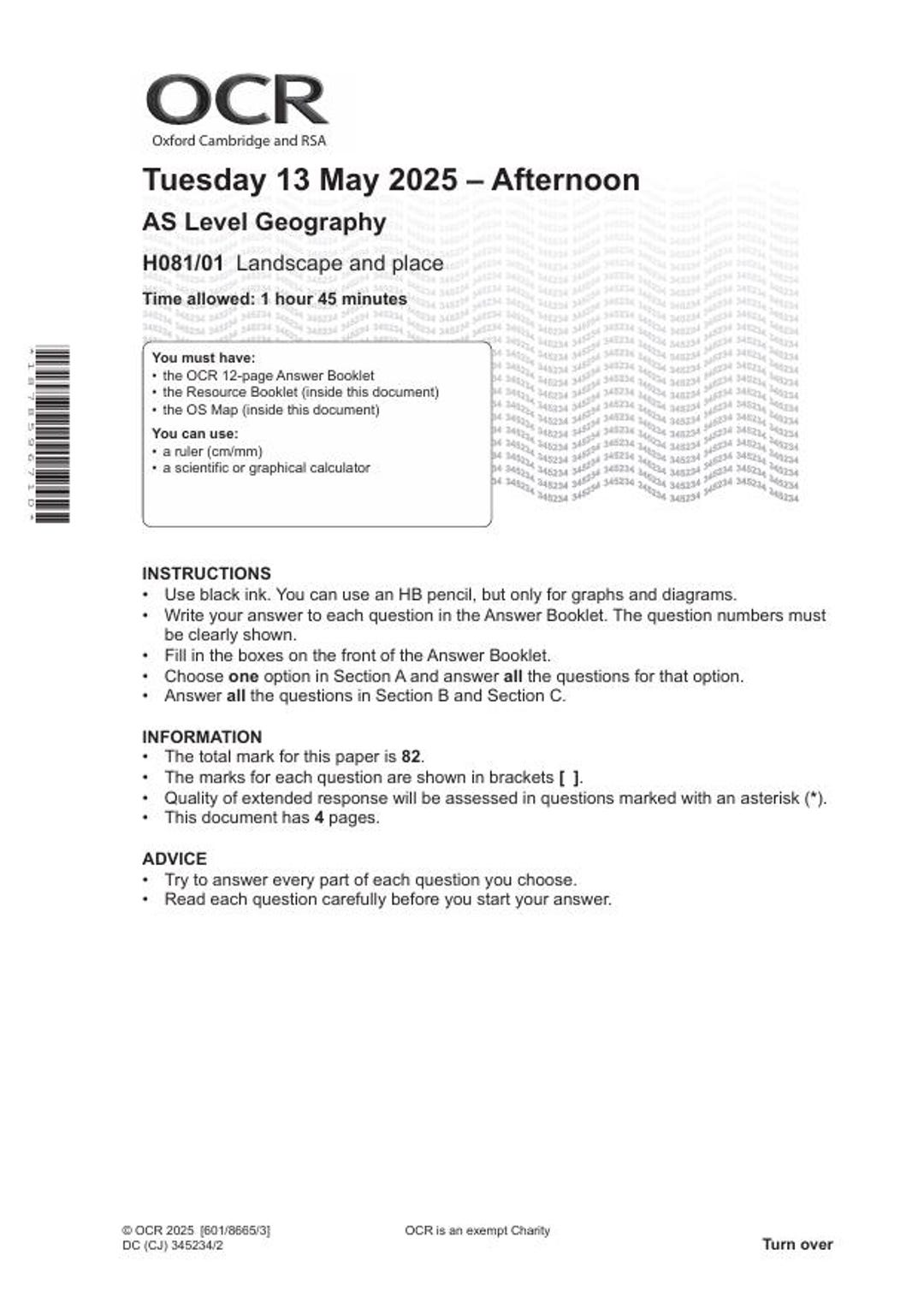 2025 OCR AS Level Geography Paper 1 and Mark Scheme Combined H081 01 - Etsy