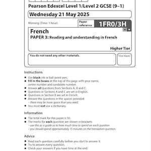 Puede incluir: Un examen Pearson Edexcel Nivel 1/Nivel 2 GCSE (9-1) para francés, Papel 3: Lectura y comprensión en francés. El examen está programado para el miércoles 21 de mayo de 2025 y es un examen de nivel superior.