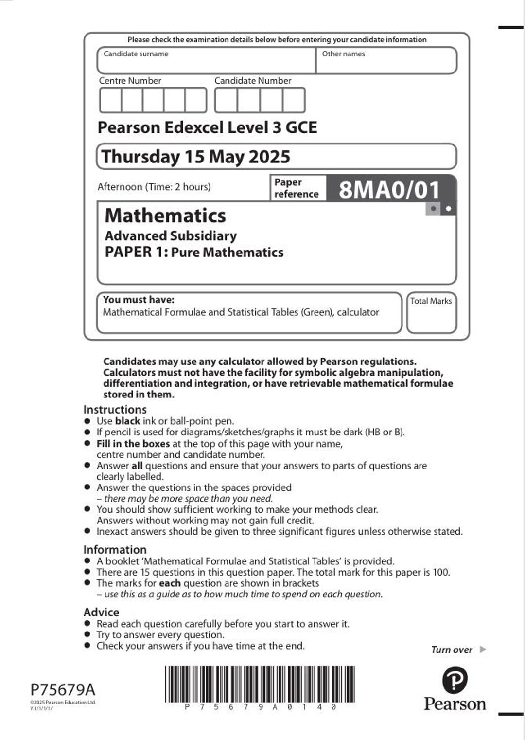 2025 Pearson Edexcel AS Level Mathematics Paper 1 and Mark Scheme ...