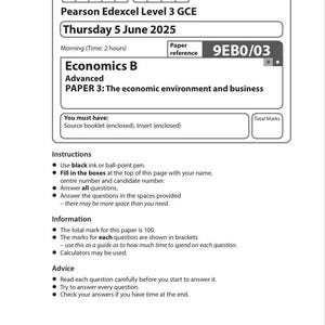May include: A printed Pearson Edexcel Level 3 GCE exam paper for Economics B, Paper 3, dated June 5, 2025. The paper includes instructions, information, and advice for the exam. The paper reference is 9EB0/03.