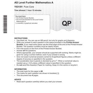 Op de afbeelding: Een gedrukt AS Level Further Mathematics A examenpapier van OCR, gedateerd 12 mei 2025. Het papier bevat instructies, informatie en advies voor studenten. Het totaal aantal punten is 60 en het document heeft 4 pagina's.