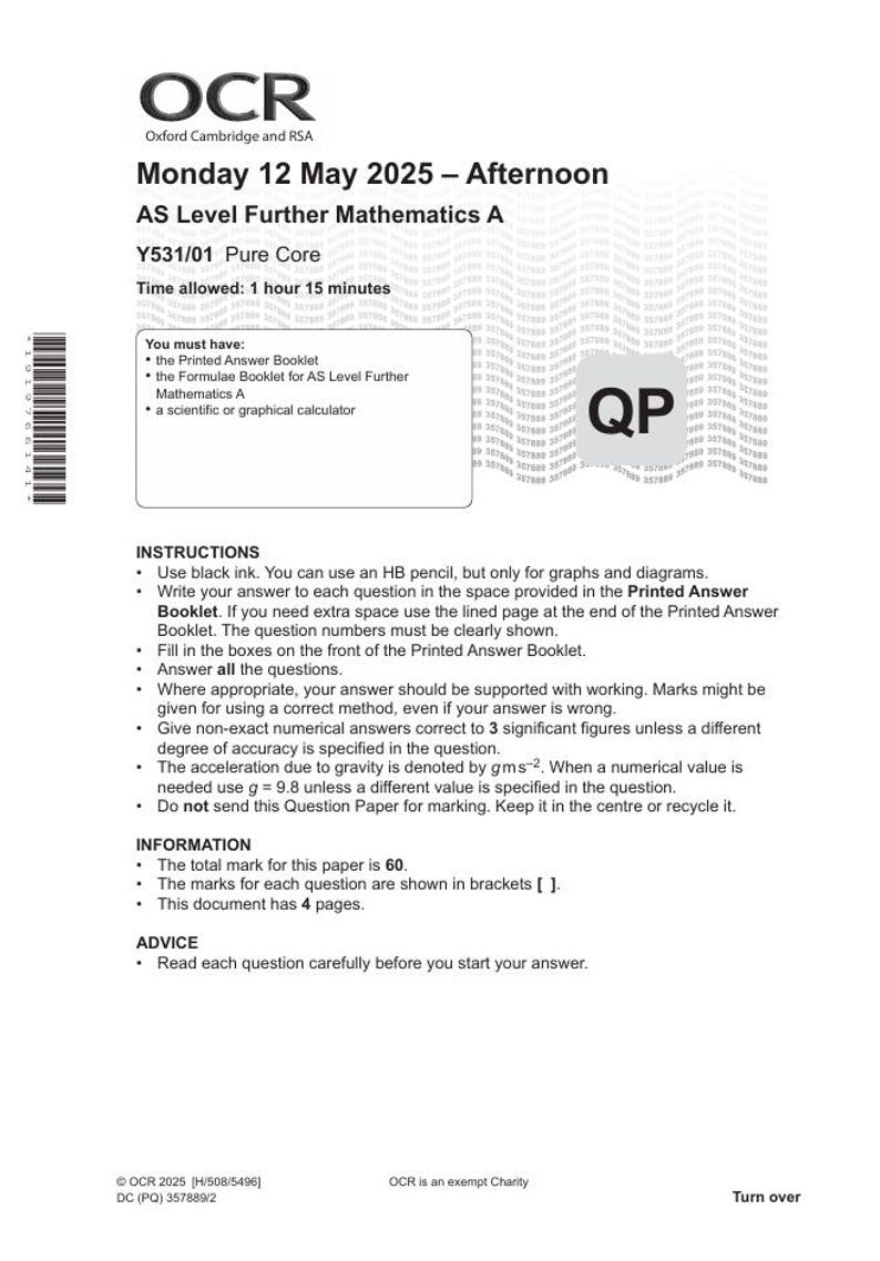 2025 OCR AS Level Further Mathematics A Paper 1 And Mark Scheme 2025-ocr-as-level-further-mathematics-a-paper-1-and-mark-scheme