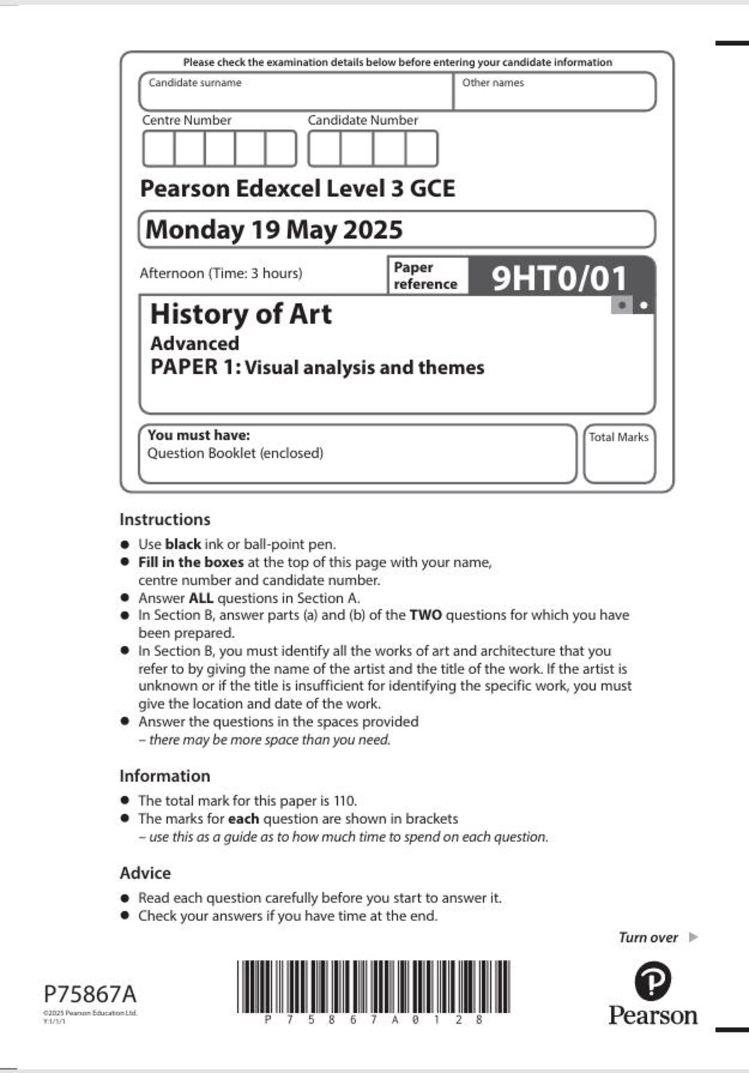2025 Pearson Edexcel A Level History of Art Paper 1 and Mark Scheme ...