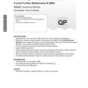 May include: A printed exam paper from OCR for A Level Further Mathematics B (MEI), dated June 18, 2025. Includes instructions, information, and advice for the exam. The total mark is 60. The document has 12 pages.